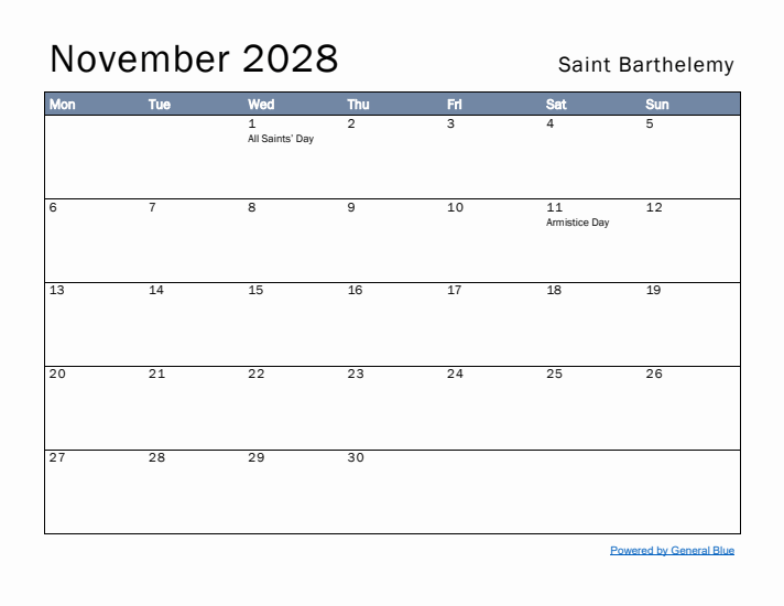 November 2028 Simple Monthly Calendar for Saint Barthelemy