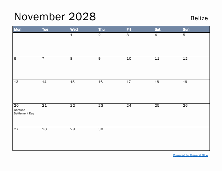 November 2028 Simple Monthly Calendar for Belize