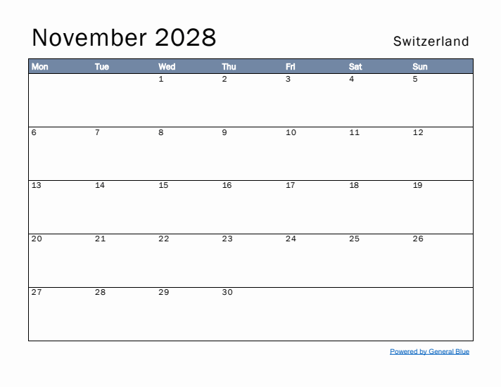 November 2028 Simple Monthly Calendar for Switzerland