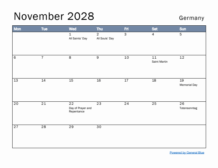 November 2028 Simple Monthly Calendar for Germany