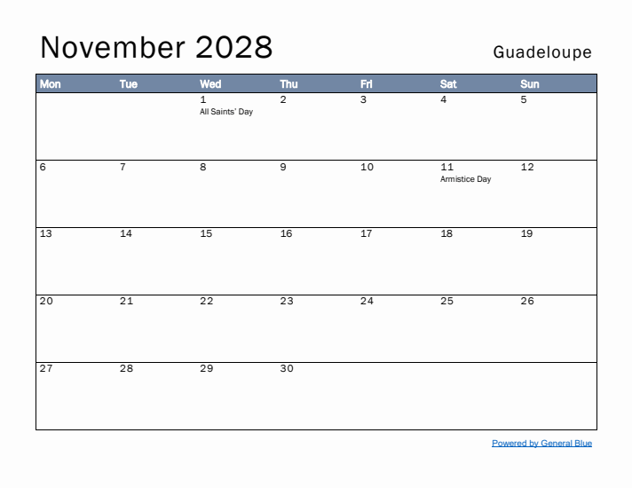 November 2028 Simple Monthly Calendar for Guadeloupe