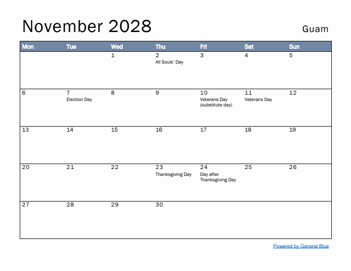 November 2028 Simple Monthly Calendar for Guam