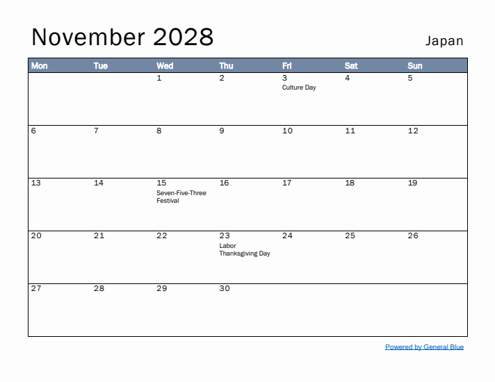 November 2028 Simple Monthly Calendar for Japan