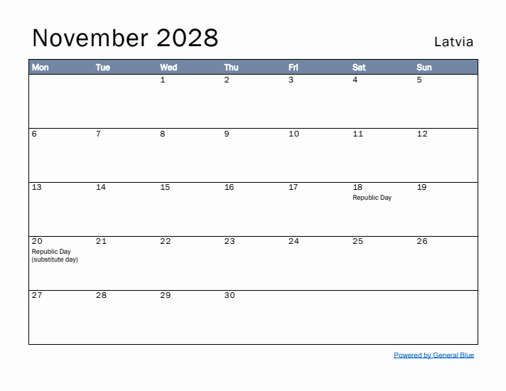 November 2028 Simple Monthly Calendar for Latvia