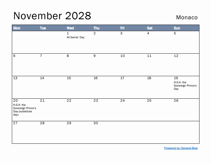 November 2028 Simple Monthly Calendar for Monaco