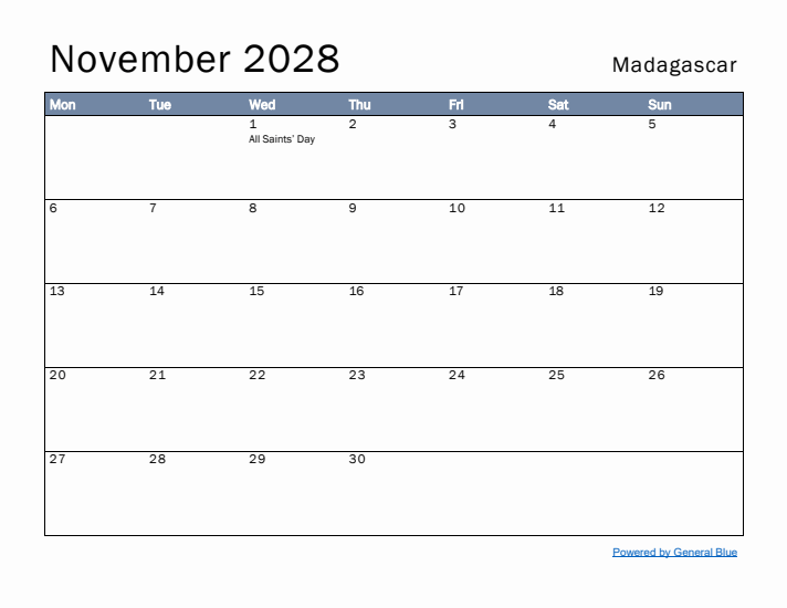 November 2028 Simple Monthly Calendar for Madagascar