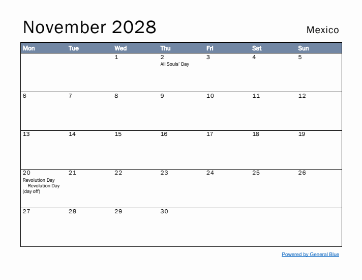 November 2028 Simple Monthly Calendar for Mexico