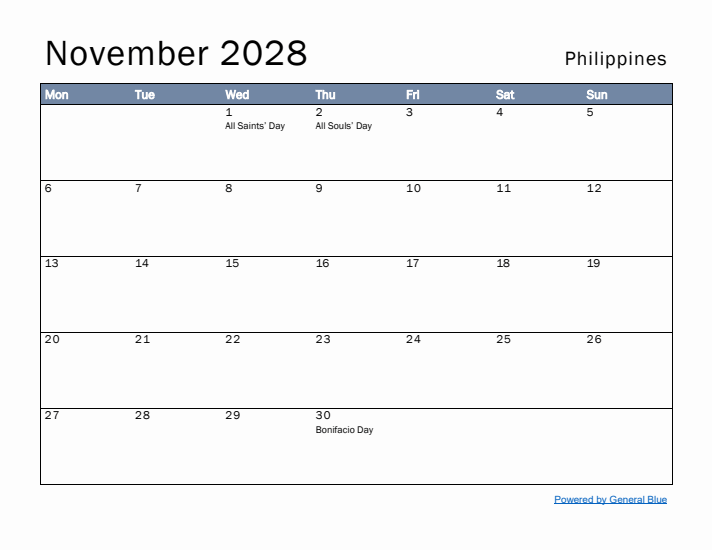 November 2028 Simple Monthly Calendar for Philippines