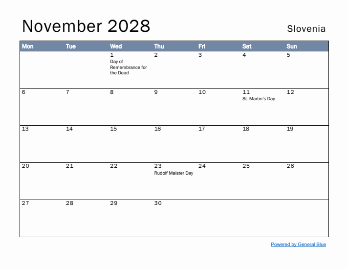 November 2028 Simple Monthly Calendar for Slovenia