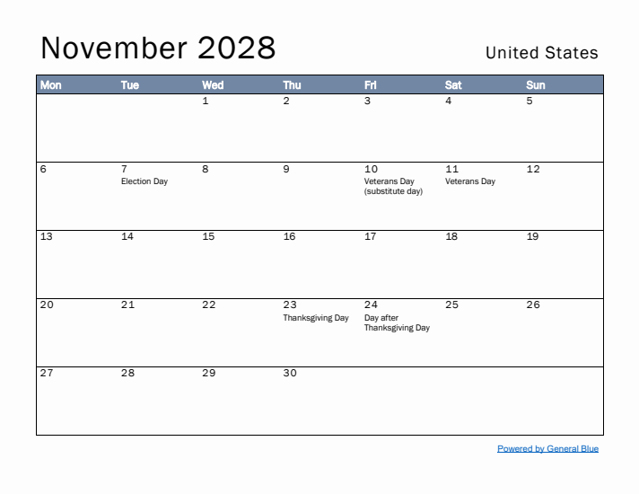 November 2028 Simple Monthly Calendar for United States