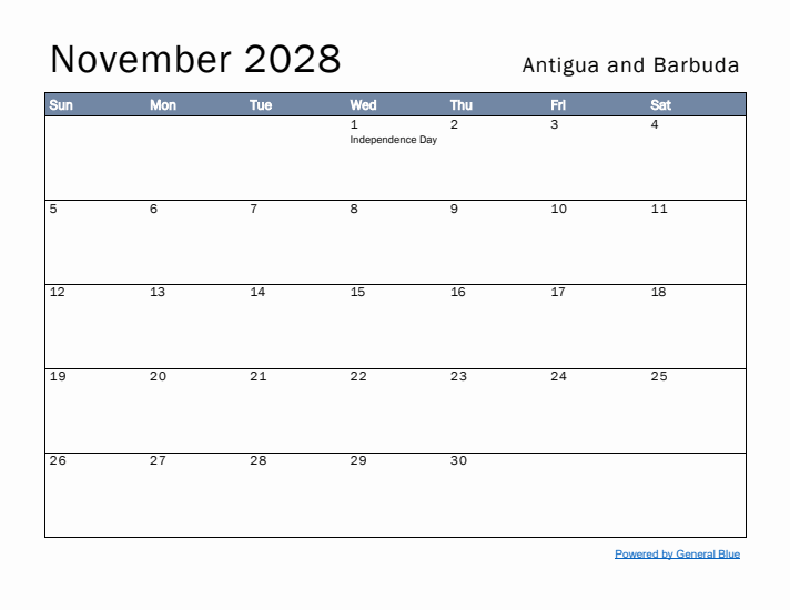 November 2028 Simple Monthly Calendar for Antigua and Barbuda