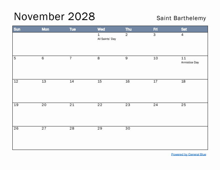 November 2028 Simple Monthly Calendar for Saint Barthelemy