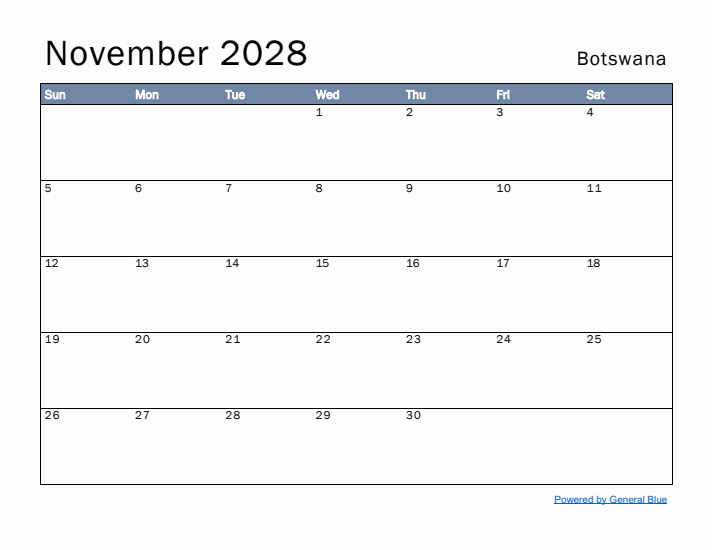 November 2028 Simple Monthly Calendar for Botswana