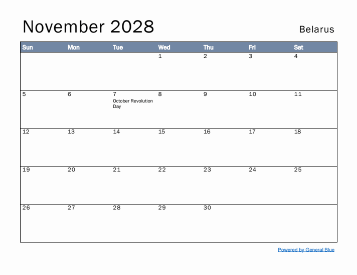 November 2028 Simple Monthly Calendar for Belarus