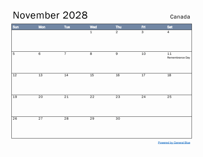 November 2028 Simple Monthly Calendar for Canada