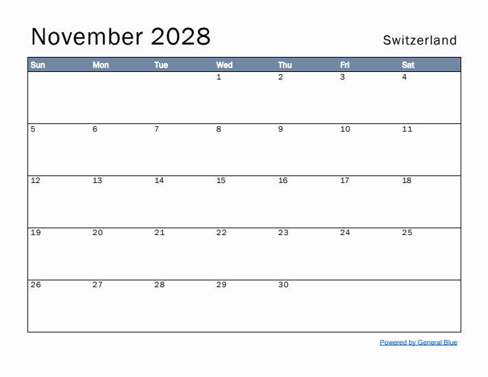 November 2028 Simple Monthly Calendar for Switzerland