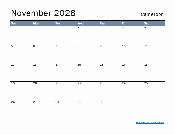 November 2028 Simple Monthly Calendar for Cameroon