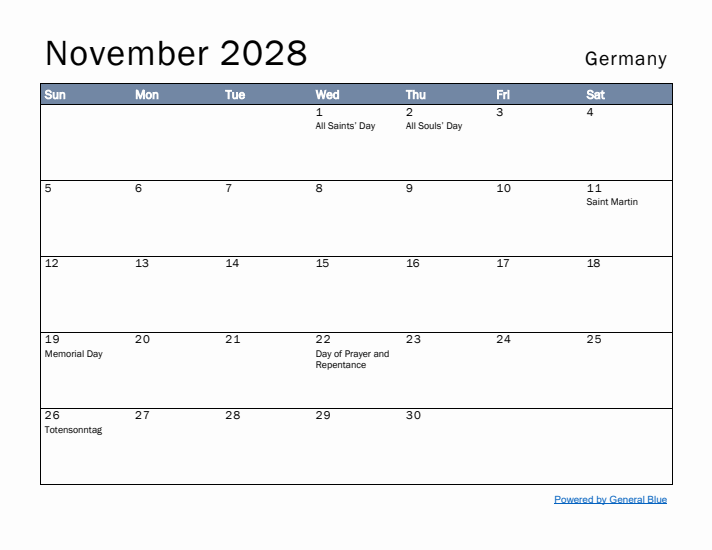 November 2028 Simple Monthly Calendar for Germany