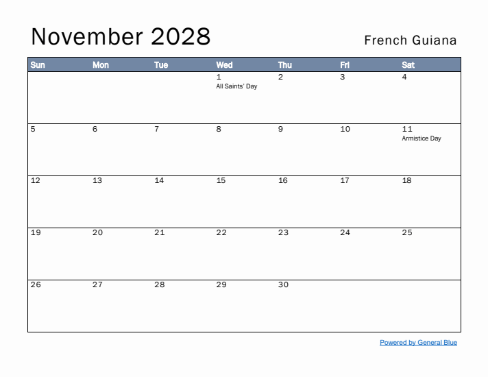 November 2028 Simple Monthly Calendar for French Guiana