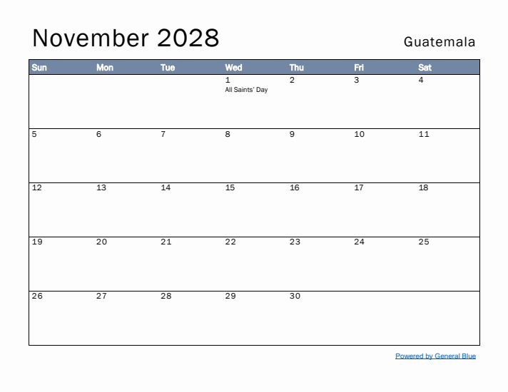 November 2028 Simple Monthly Calendar for Guatemala