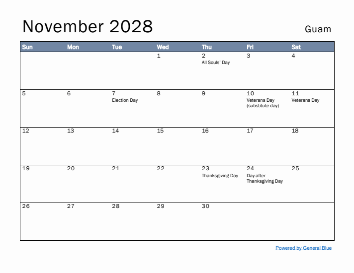 November 2028 Simple Monthly Calendar for Guam