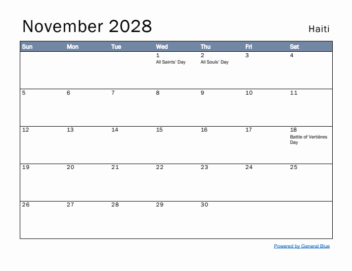 November 2028 Simple Monthly Calendar for Haiti