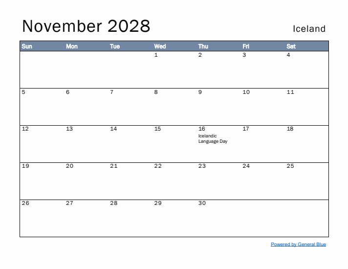 November 2028 Simple Monthly Calendar for Iceland