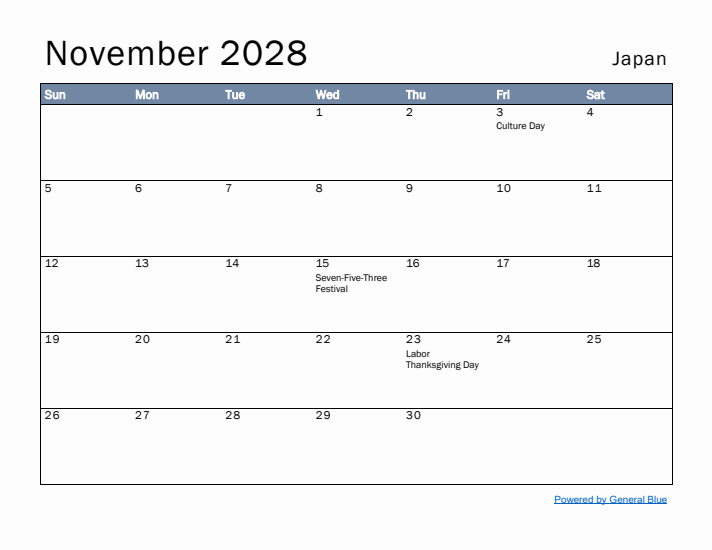 November 2028 Simple Monthly Calendar for Japan