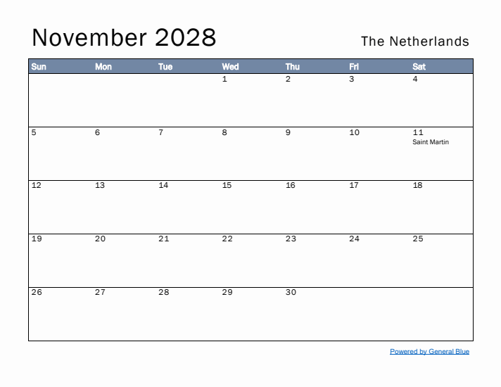 November 2028 Simple Monthly Calendar for The Netherlands