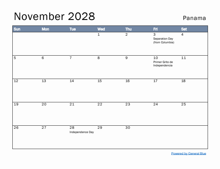 November 2028 Simple Monthly Calendar for Panama