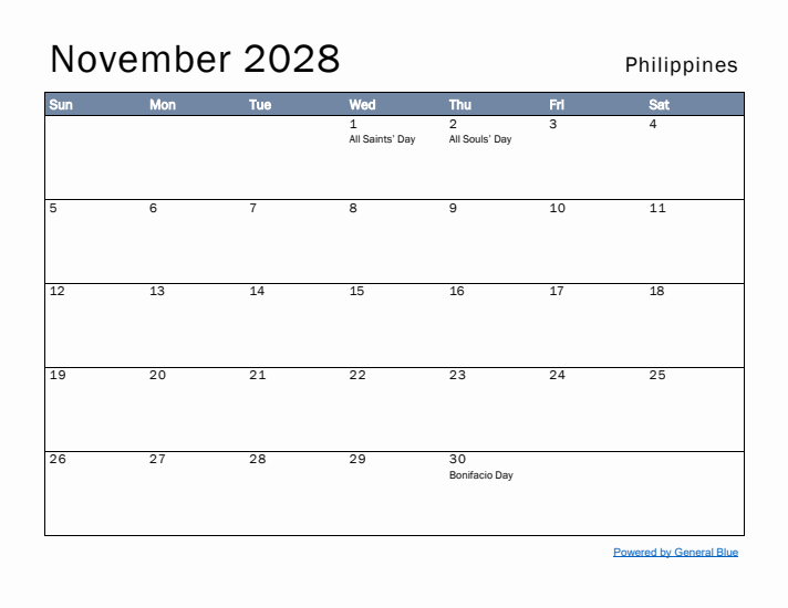 November 2028 Simple Monthly Calendar for Philippines