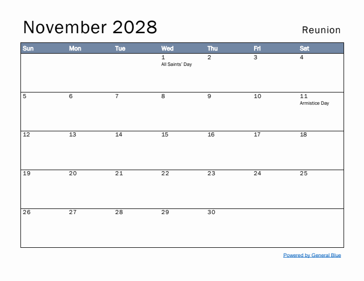 November 2028 Simple Monthly Calendar for Reunion