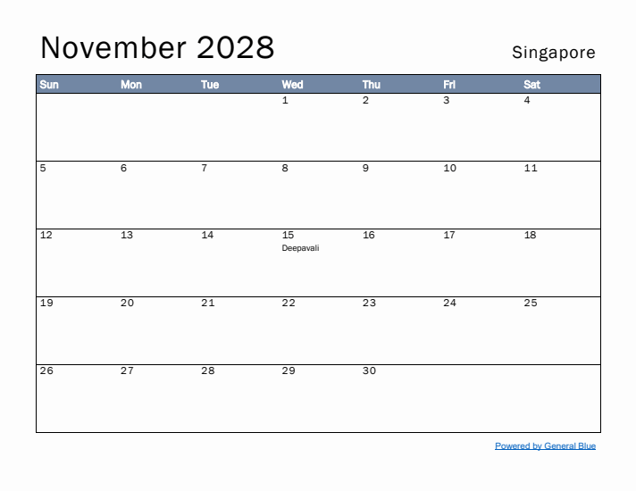 November 2028 Simple Monthly Calendar for Singapore