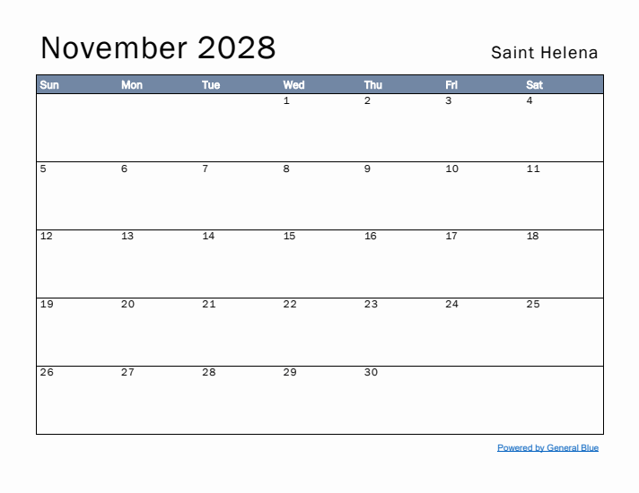 November 2028 Simple Monthly Calendar for Saint Helena