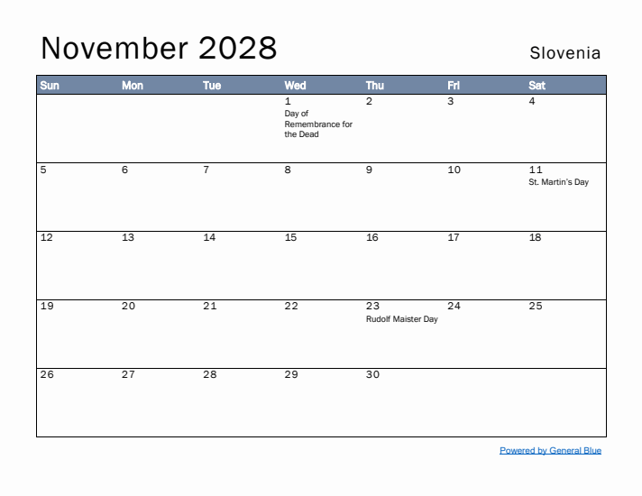 November 2028 Simple Monthly Calendar for Slovenia