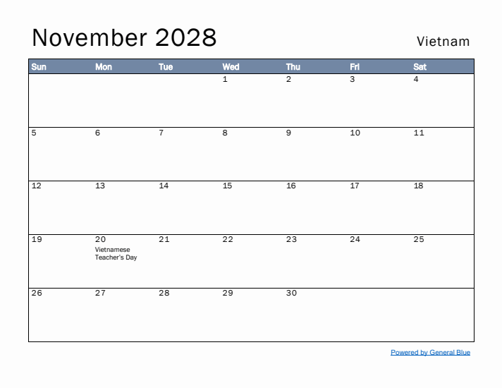 November 2028 Simple Monthly Calendar for Vietnam