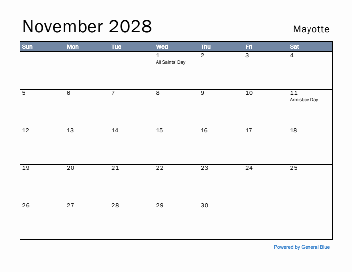 November 2028 Simple Monthly Calendar for Mayotte