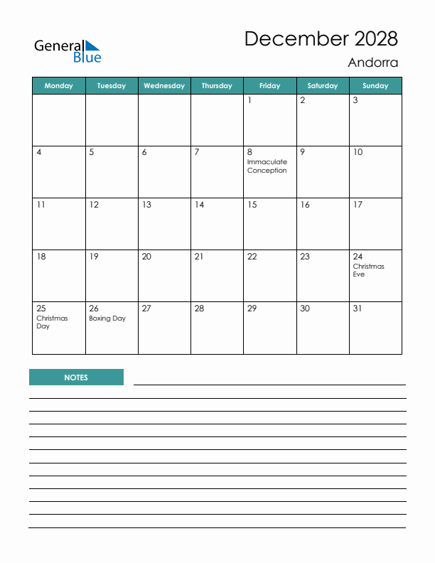 Calendar with Notes Printable - Monday Start