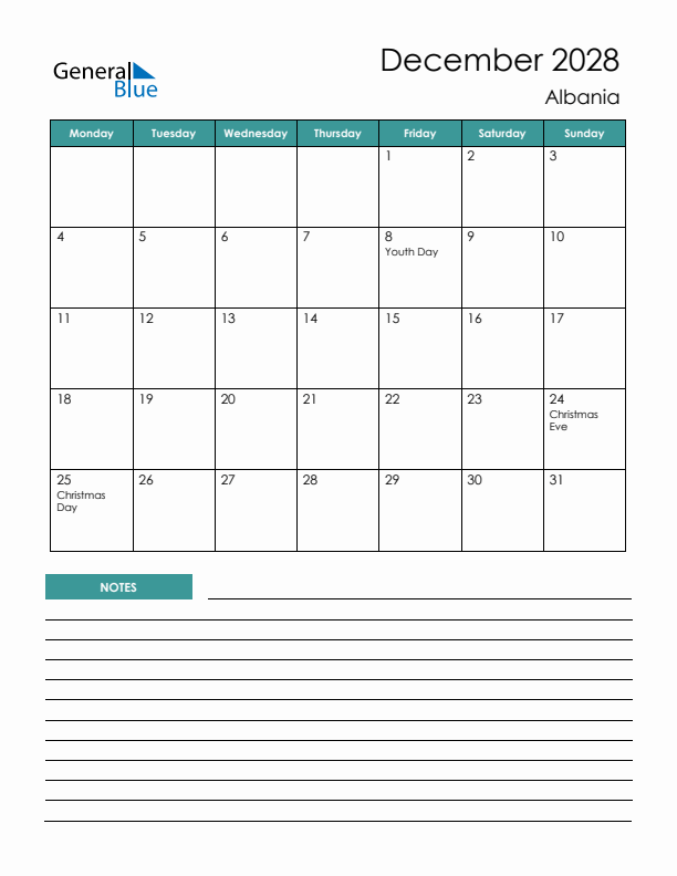 Calendar with Notes Printable - Monday Start