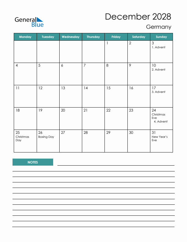 Calendar with Notes Printable - Monday Start