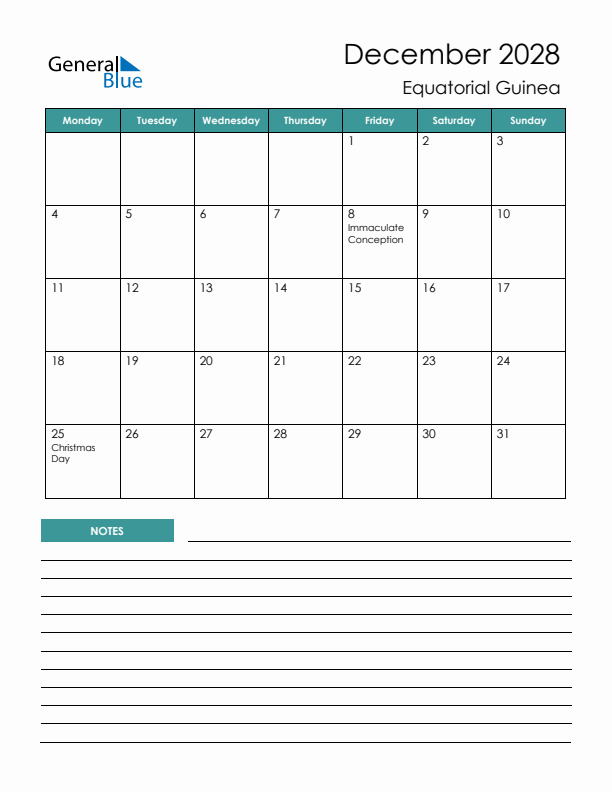 Calendar with Notes Printable - Monday Start