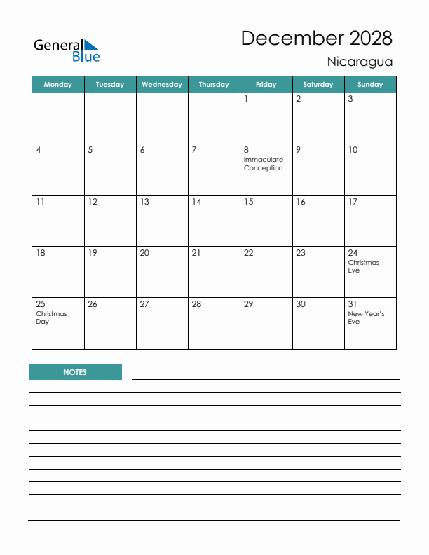 Calendar with Notes Printable - Monday Start