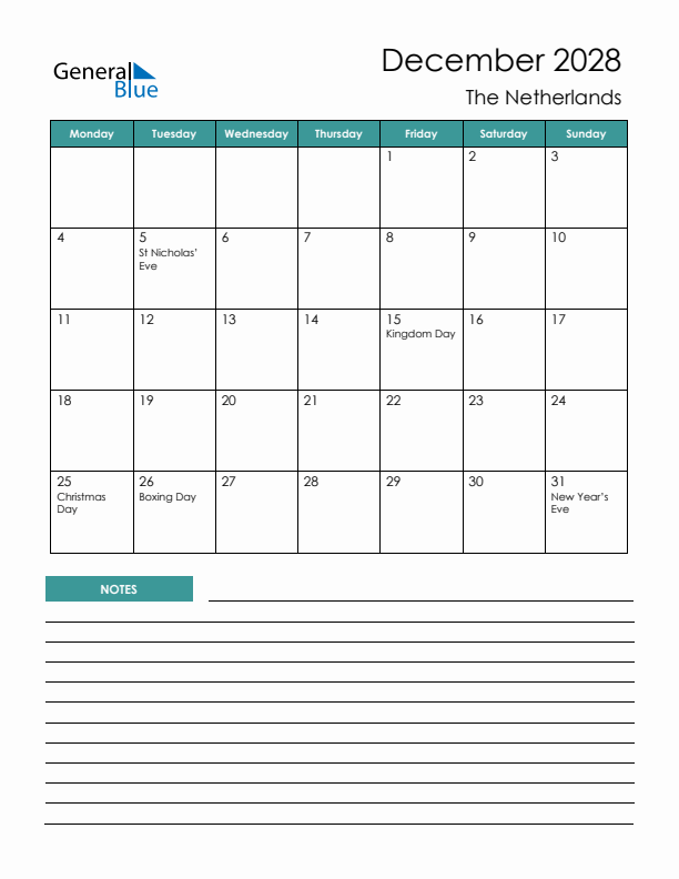 Calendar with Notes Printable - Monday Start