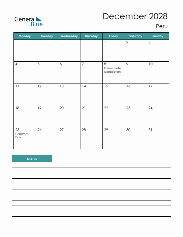 Calendar with Notes Printable - Monday Start