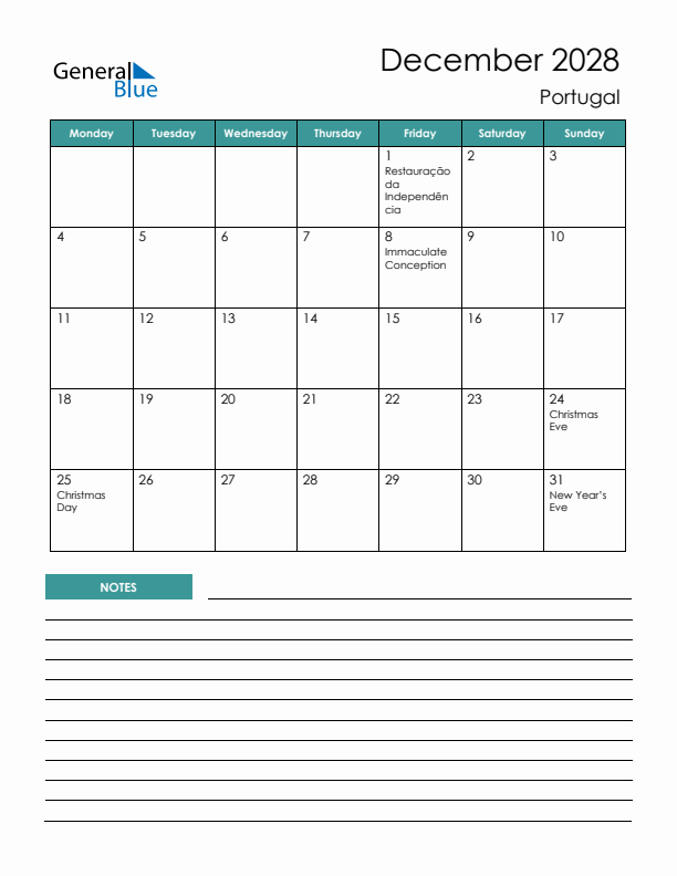 Calendar with Notes Printable - Monday Start