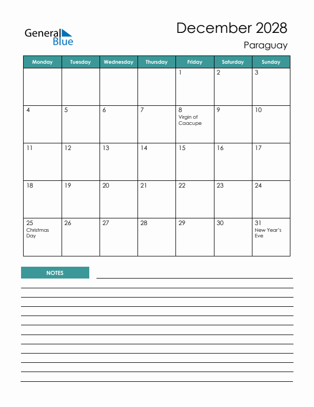 Calendar with Notes Printable - Monday Start