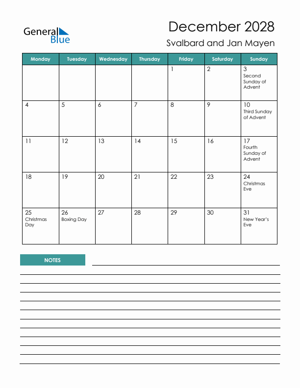 Calendar with Notes Printable - Monday Start