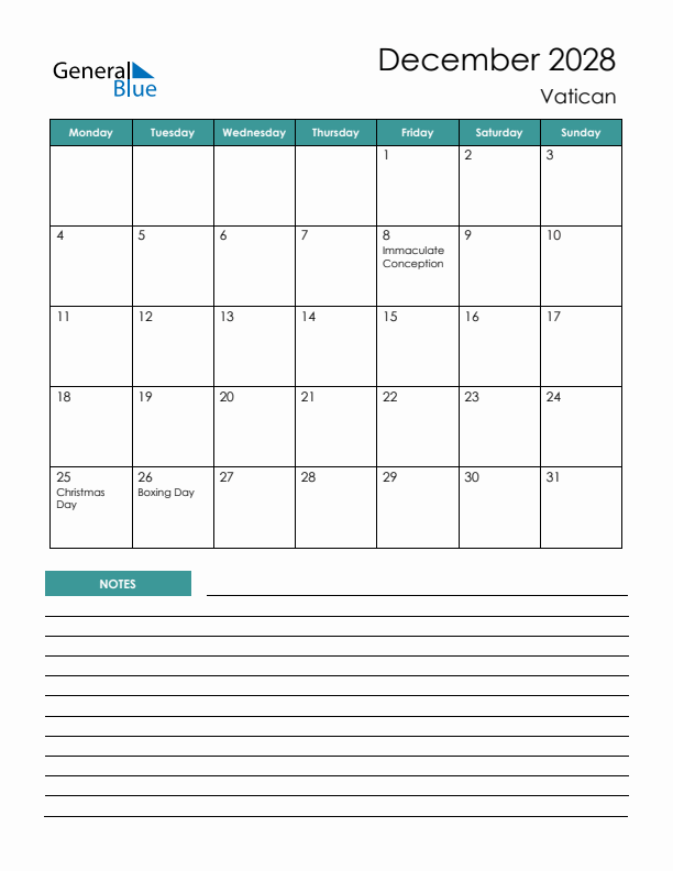 Calendar with Notes Printable - Monday Start