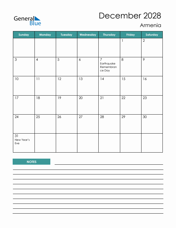 Calendar with Notes Printable - Sunday Start