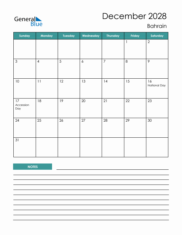 Calendar with Notes Printable - Sunday Start